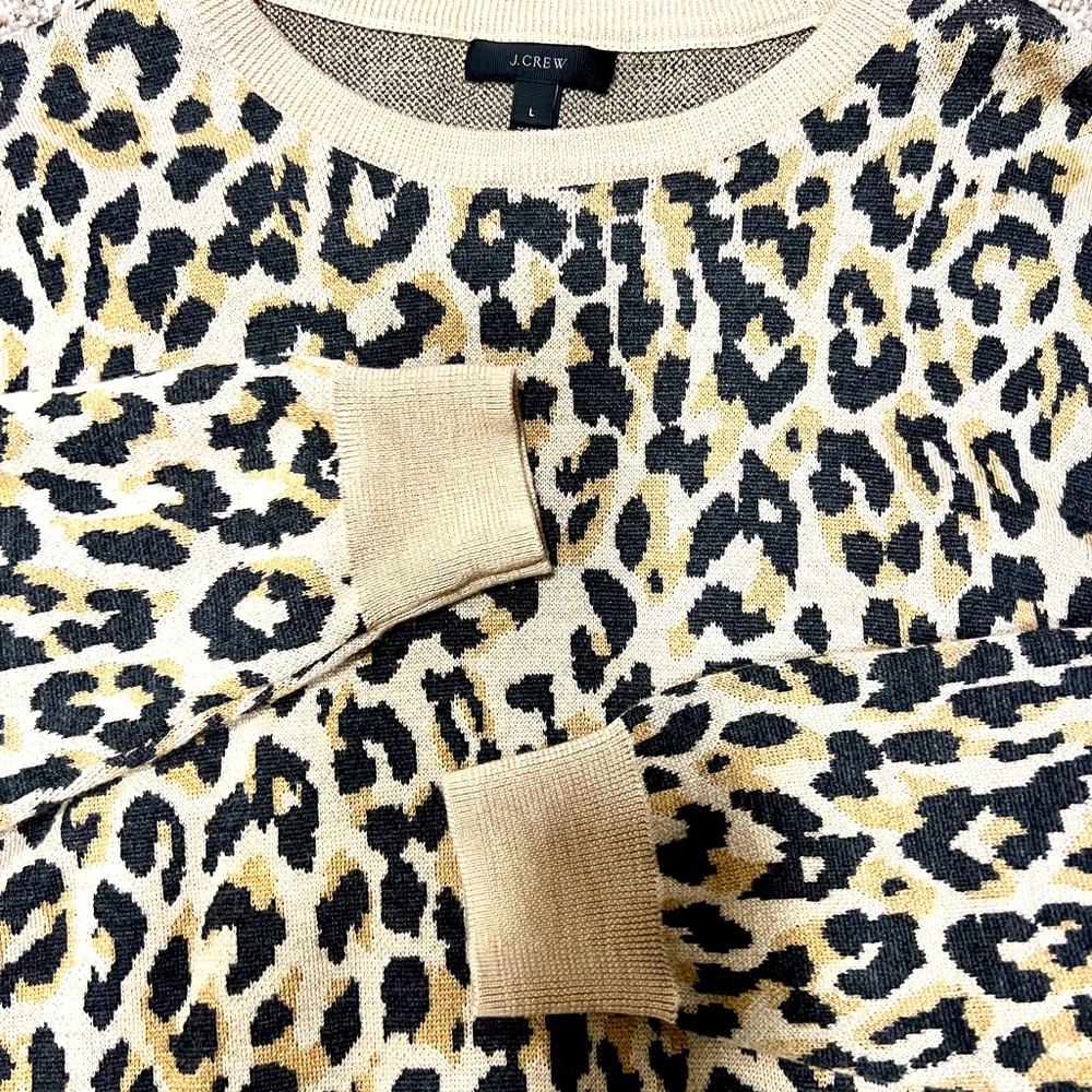 J Crew Leopard print sweater, tan and black. Size Large.